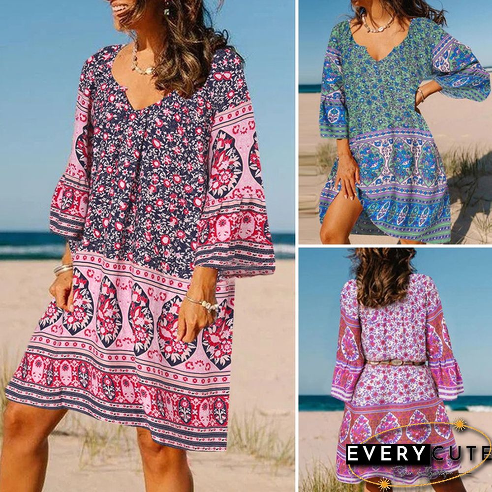 Fashion Women Retro Oversized V-Neck Casual Sundress Floral Printed Baggy Holiday Mini Shirt Dress