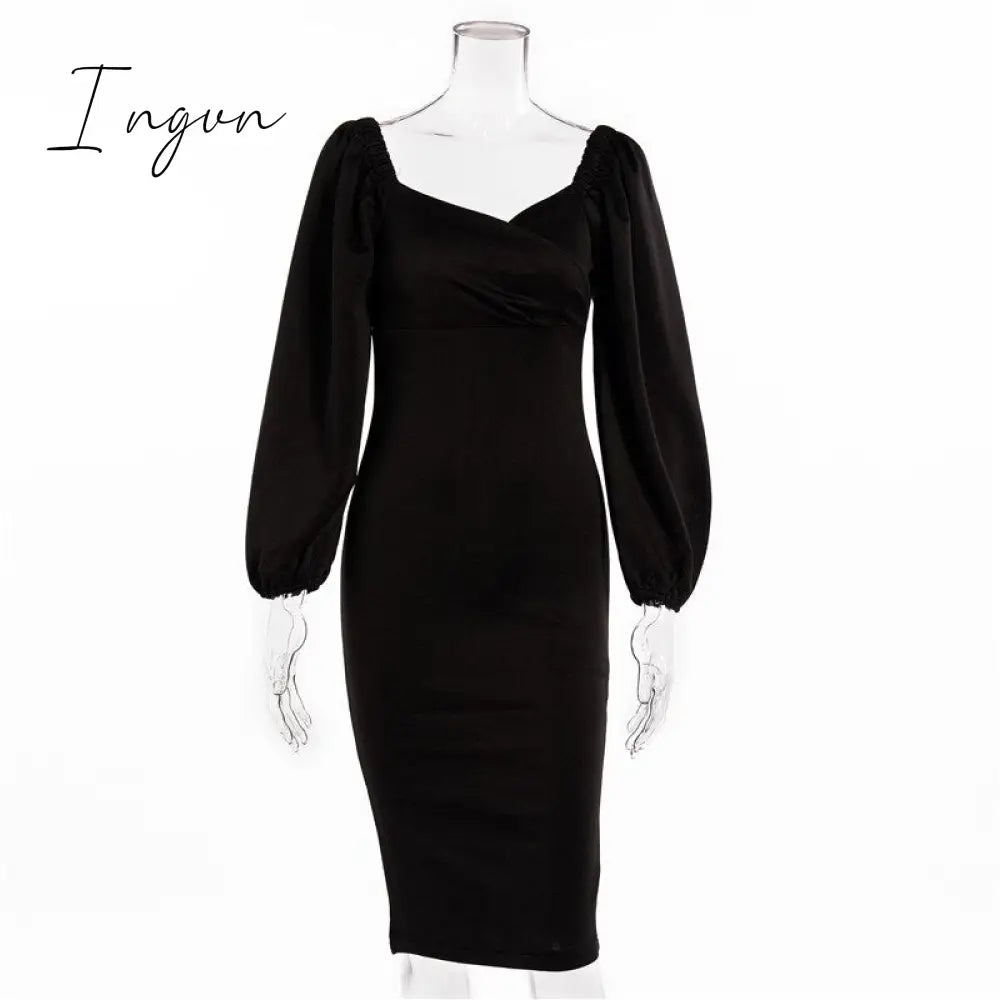Ingvn - Midi Night Dress Women Long Puff Sleeve A - Line Ruffled Backless Bodycon Sexy Autumn
