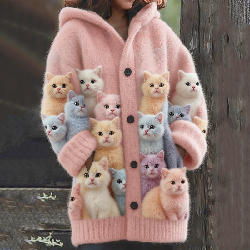 Lovely Colorful Fuzzy Cats Cozy Hooded Cardigan wearshes
