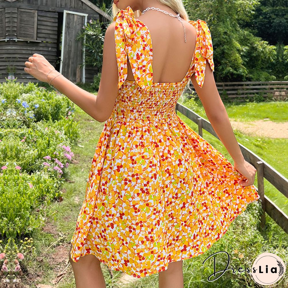 Elegant Floral Print Dress For Summer Dresses New Sexy Backless Lace-up Square Neck High Waist A-line Mini Dresses