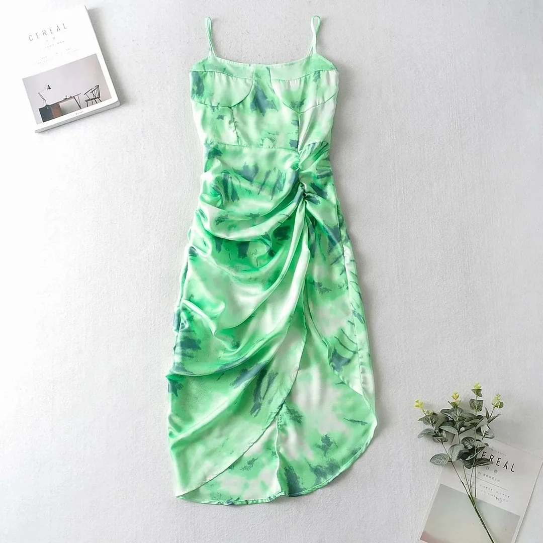 Dress For Wedding Guests Retro Print Pleated Irregular Suspender Dress