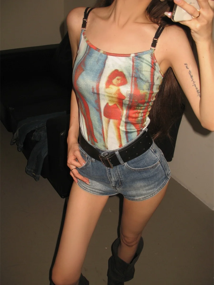 Uveng 2024 New Retro Fashion Printing Foundation Hanging Neck Slings Hot Girls Pure Desire To Put On The Coat