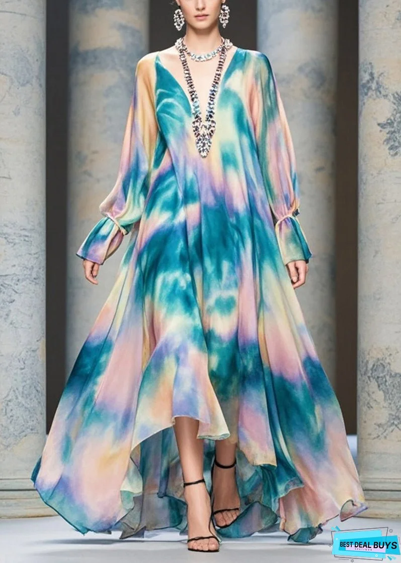 Women Rainbow Tie Dye Exra Large Hem Chiffon Beach Dress Fall