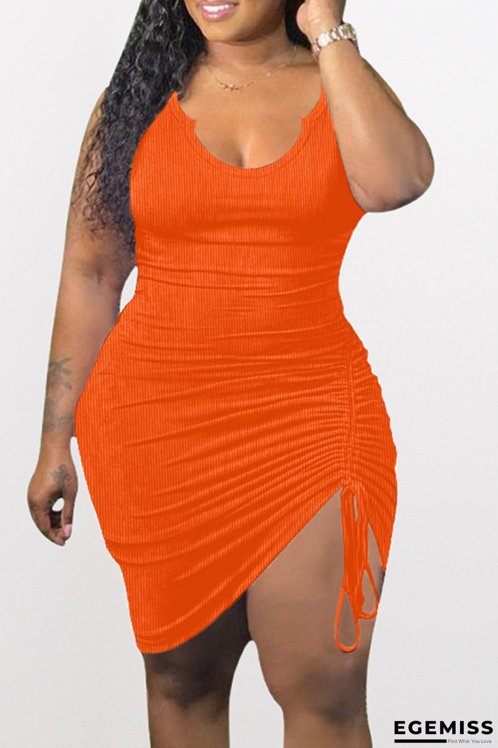 Tangerine Red Sexy Solid Draw String V Neck Pencil Skirt Dresses | EGEMISS