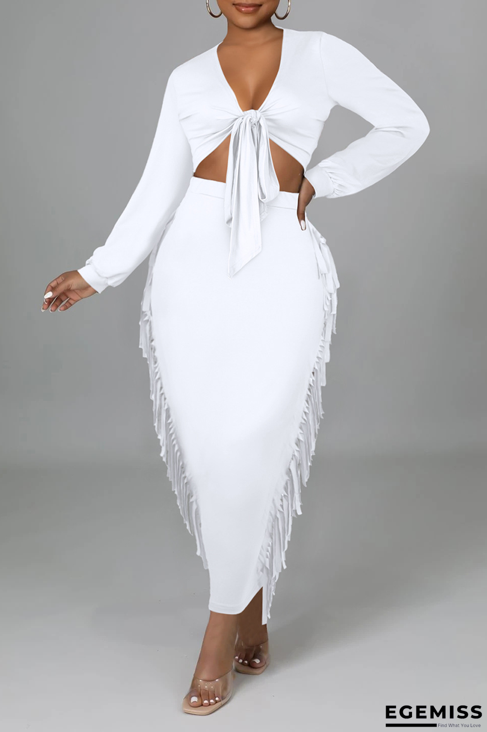 White Sexy Solid Tassel V Neck Long Sleeve Two Pieces | EGEMISS