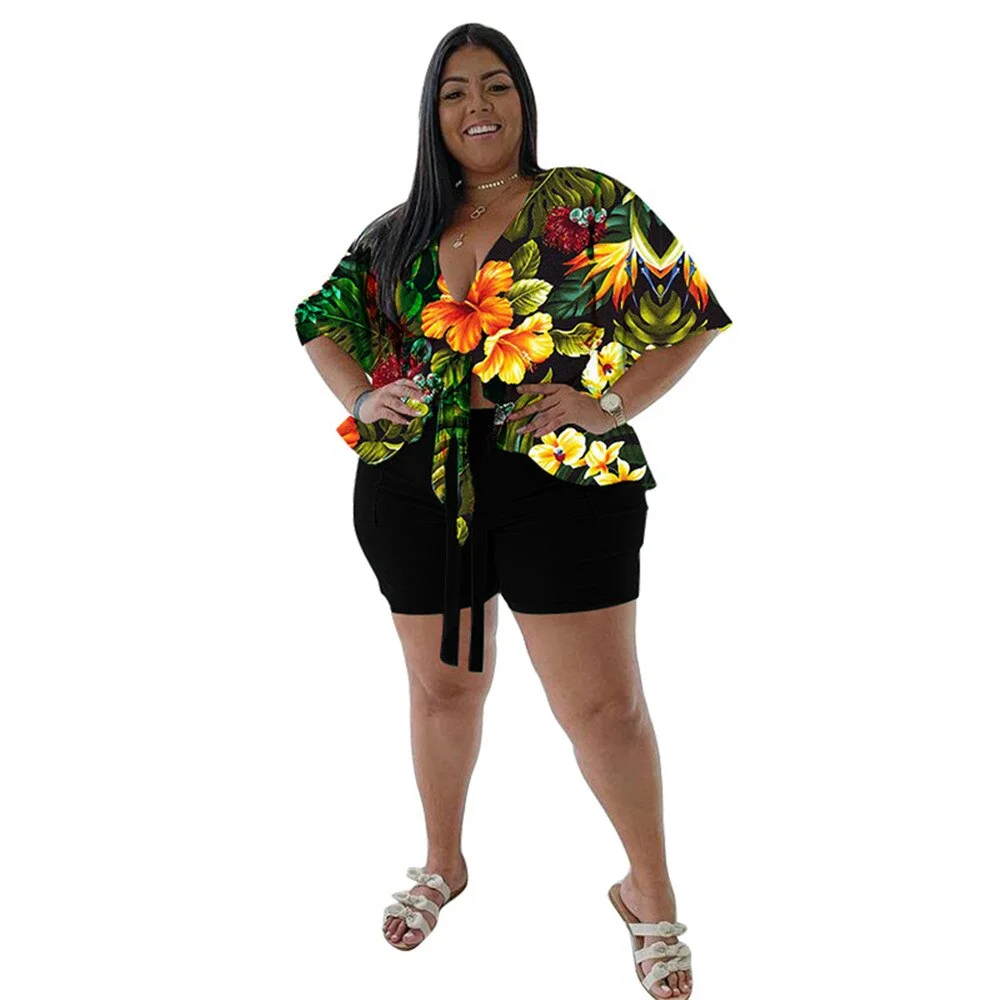 Wmstar Plus Size Two Piece Womens Outfits Summer Flowers Printed T-Shirt Shorts Matching Set Beach Style Wholesale Drop Shipping