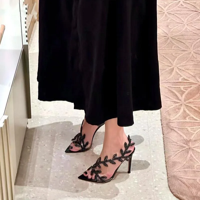 Breakj Breakj Water Drill Leaves Sandals New Spring And Autumn Sharp Leather Temperament With A Beautiful And Thin Word With Famous High Heels