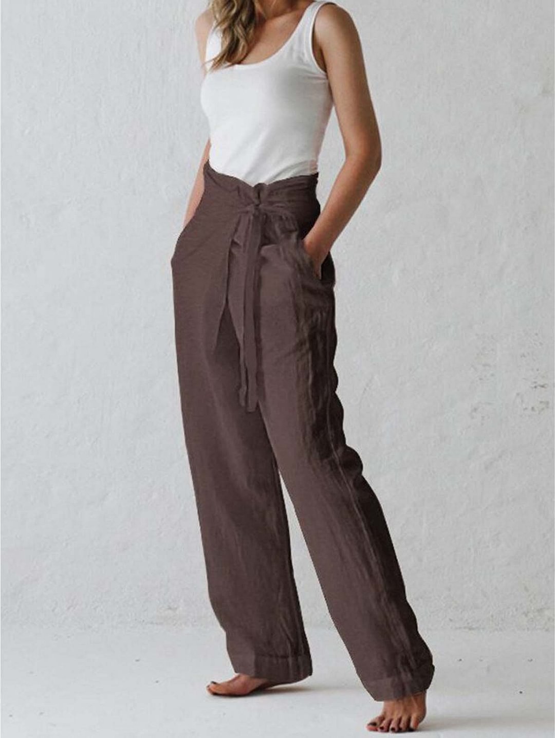 Coffee Cotton Linen Lace Up Casual Pants