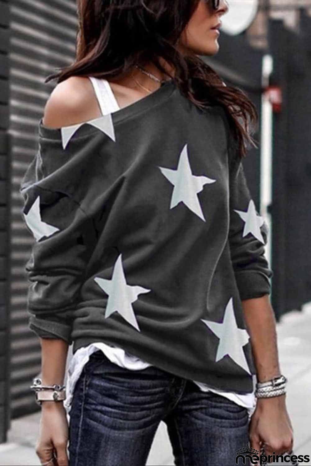 Fashion Five-pointed Star Print Round Neck Black Sweatshirt
