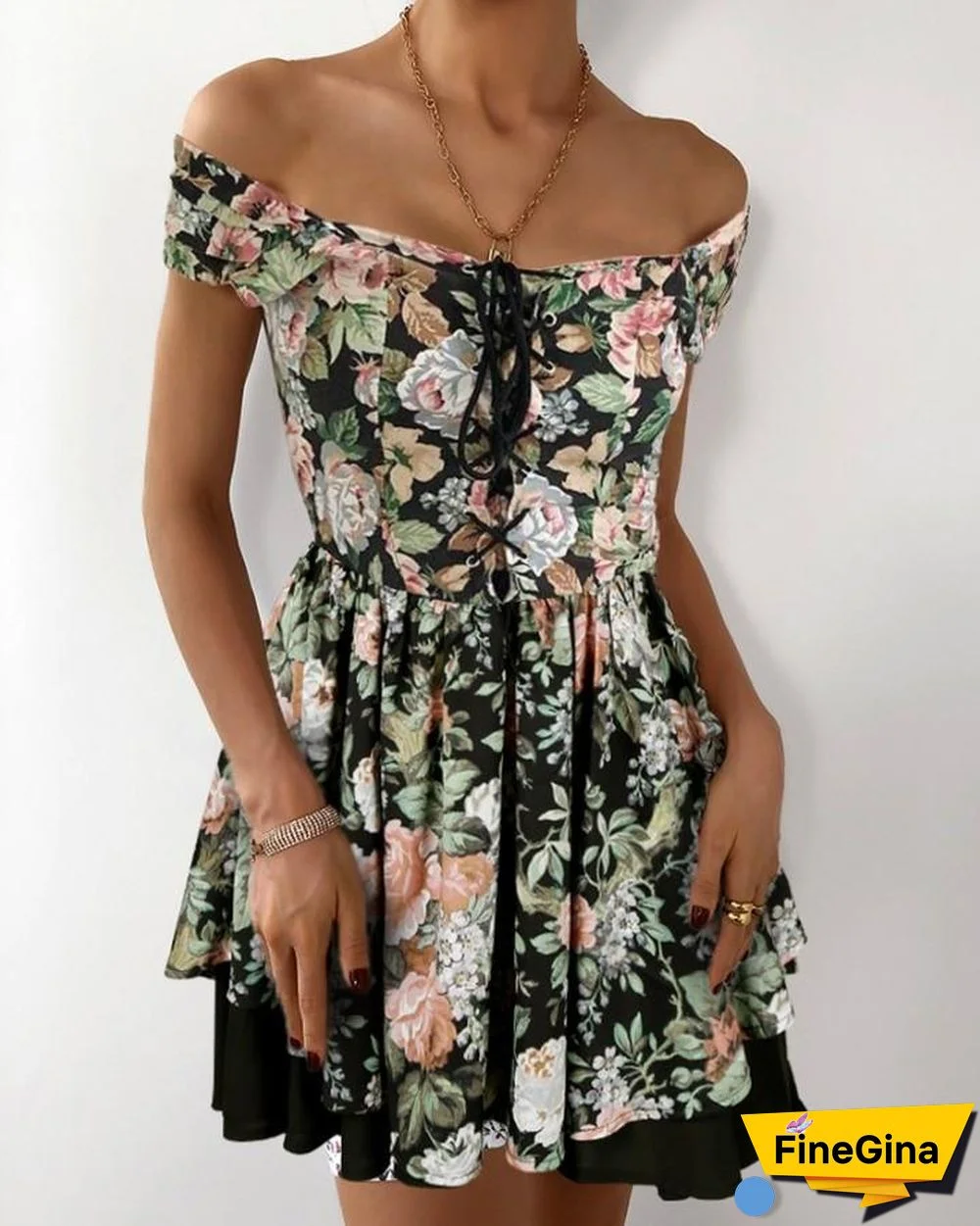 Eyelet Lace-up Off Shoulder Floral Print Dress P11494