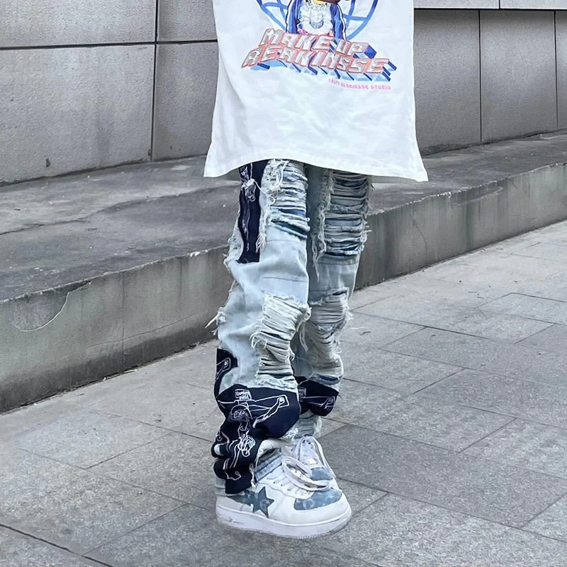 High Street Hole Fringe Embroidery Jeans Pants Mens Color Block Tassel Ripped Retri Denim Trousers Oversize Baggy Jean Pants