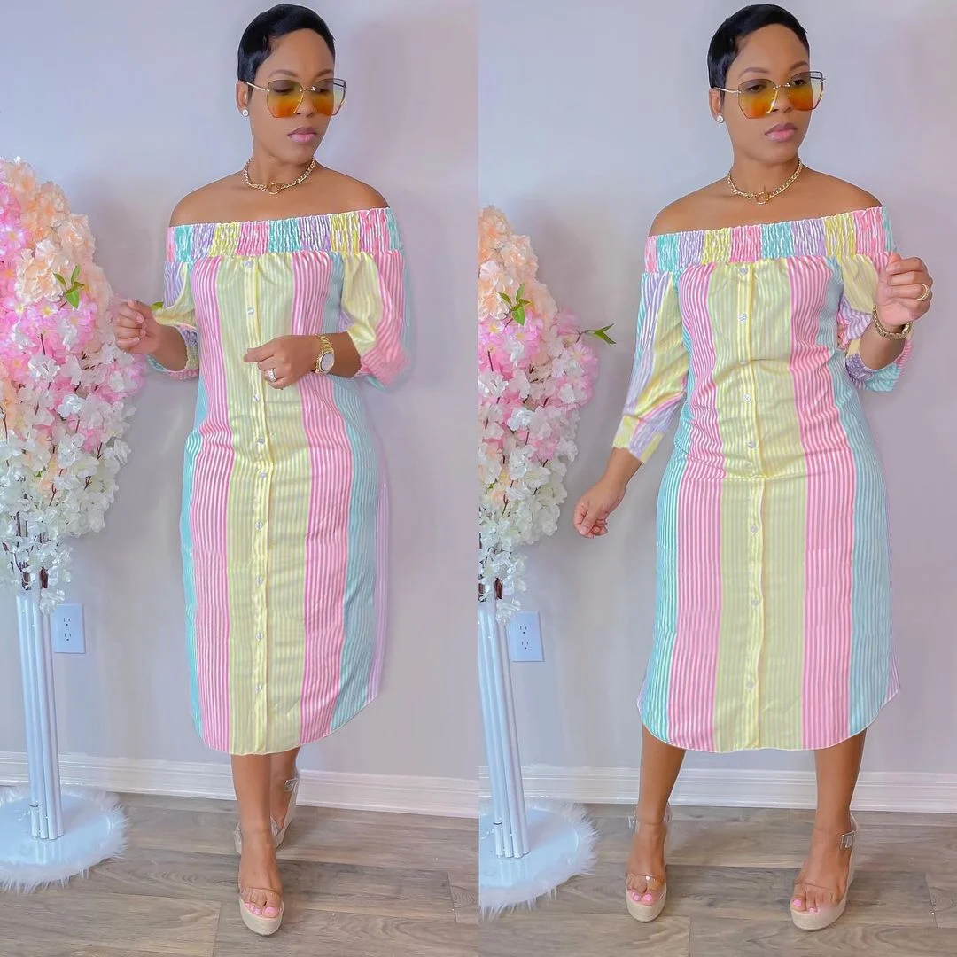 CM.YAYA Women Midi Dress Print Half Sleeve Elastic Off Shoulder Loose Straight Dresses Fashion Vestidos Casual Outfits Autumn