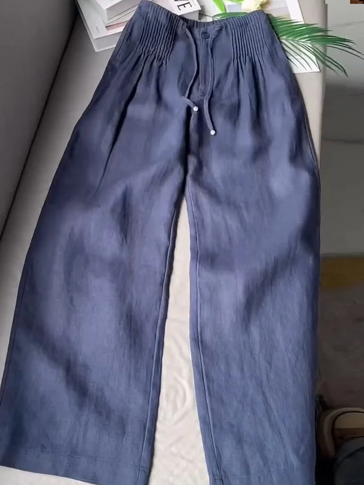 Women's Solid Color Pleated Drawstring Casual Cotton and Linen Wide Leg Pants socialshop