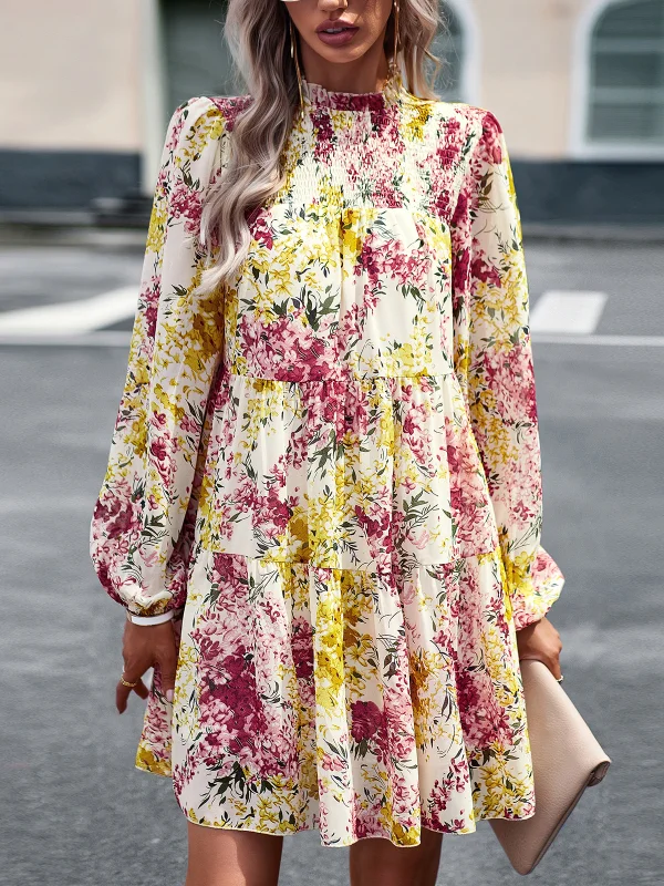 Casual Floral Long Sleeve Mini Dress - yankia