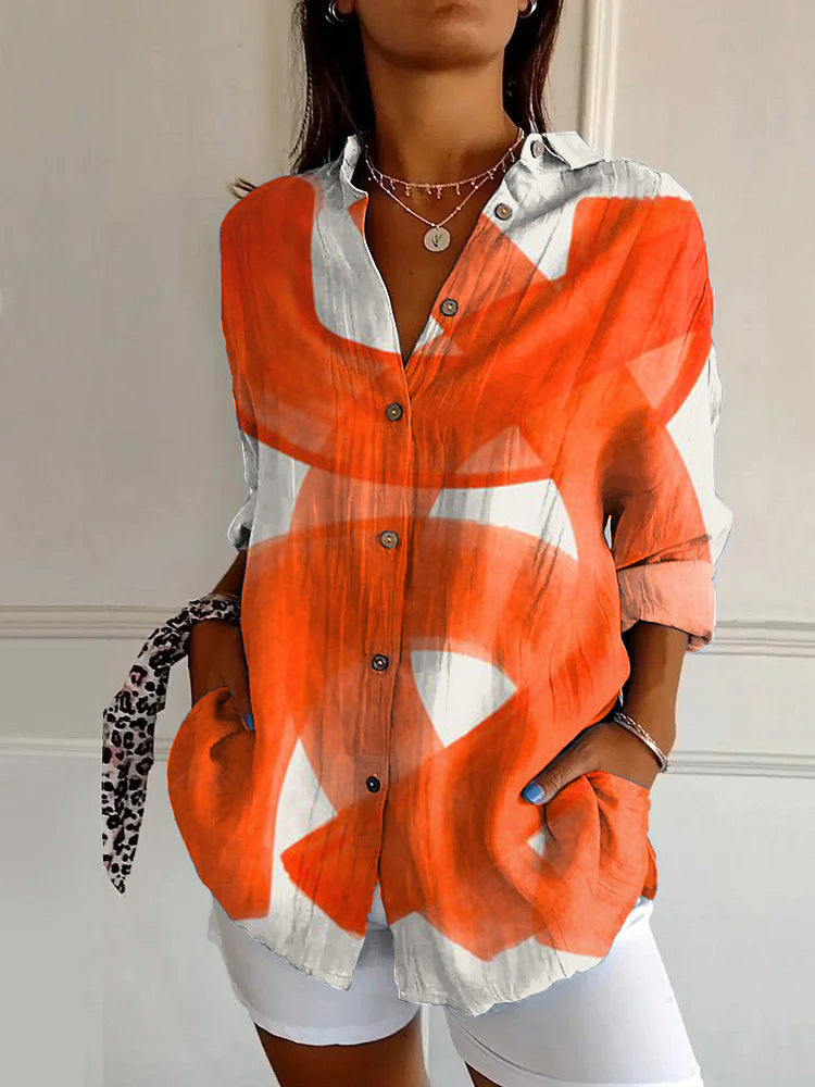 Vintage Orange Abstract Art Print Casual Long-sleeved Shirt