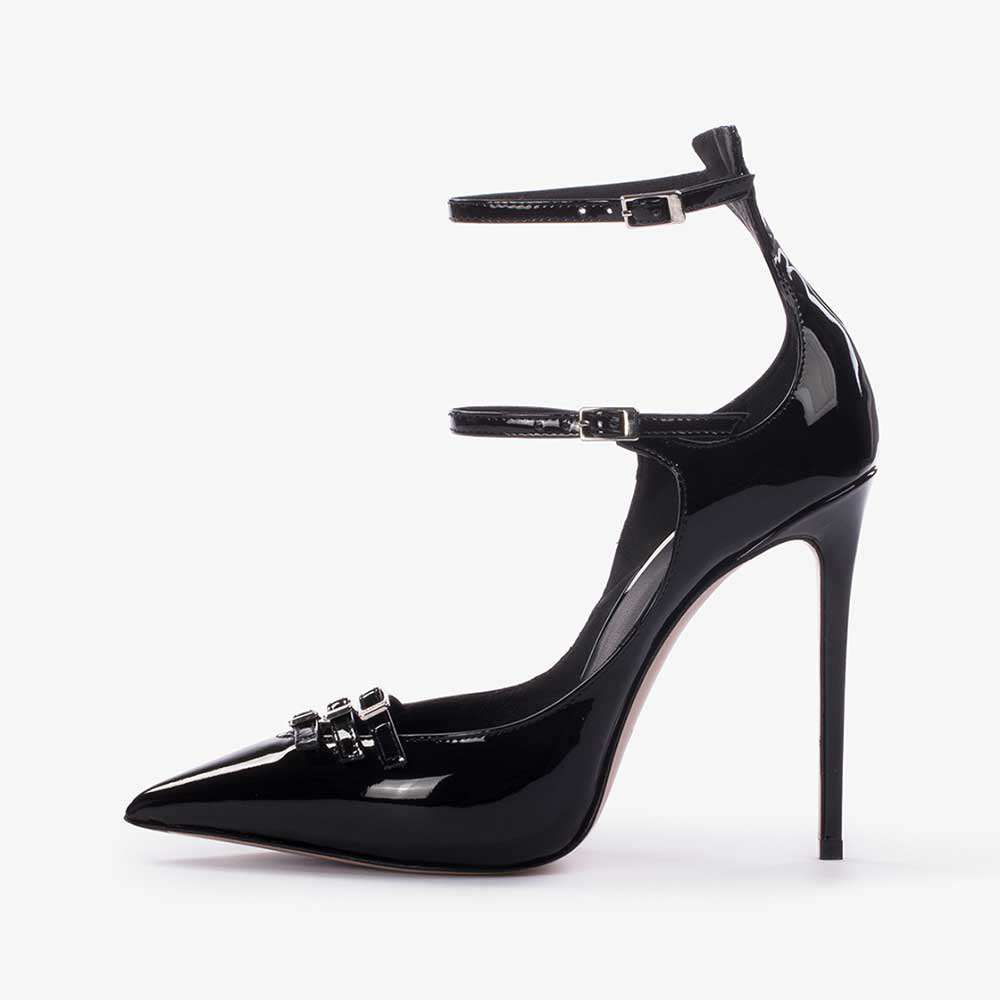 Black Patent Leather Pointed Toe Stiletto Heel Strappy Pumps for Women Nicepairs