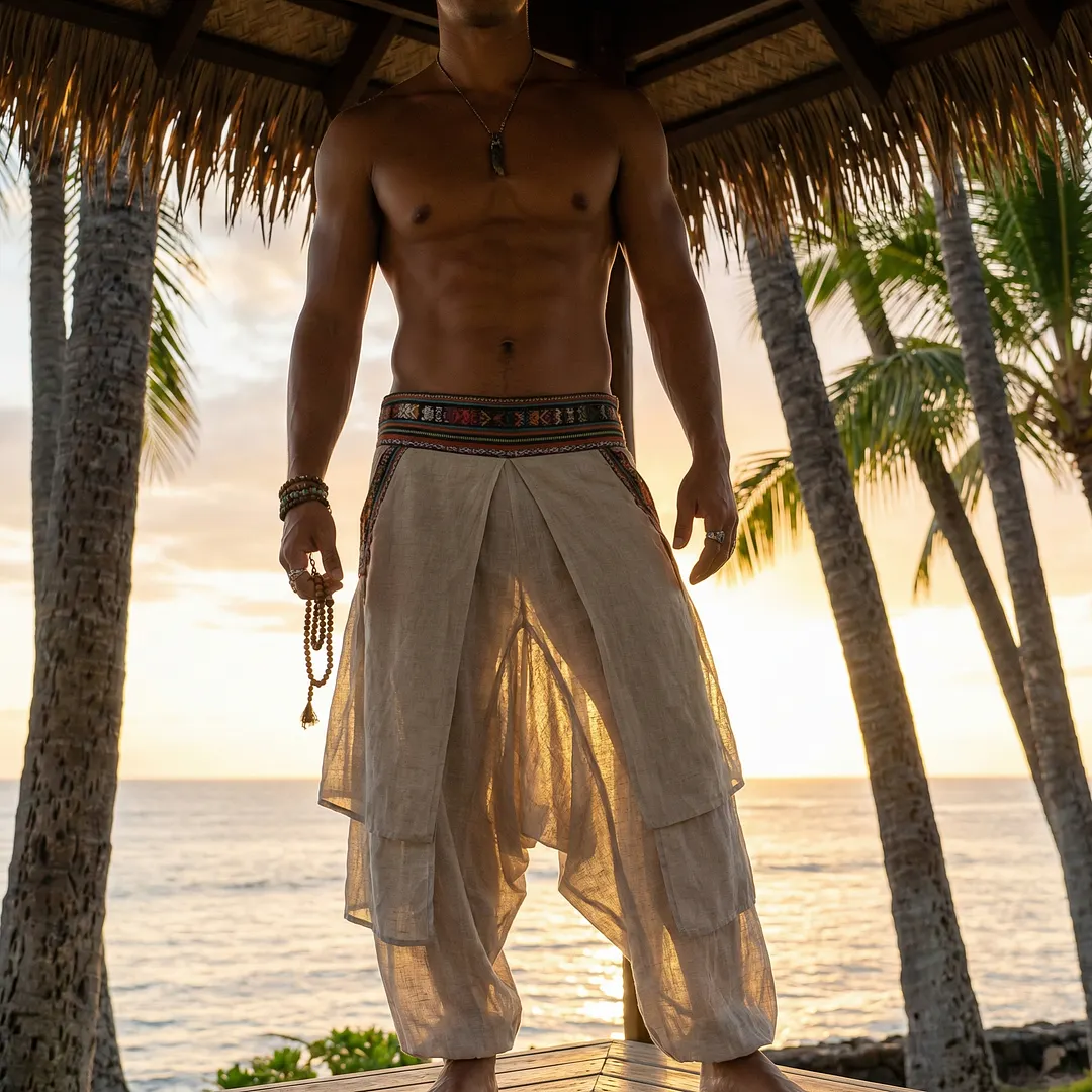 Men's Loose-fitting, Multi-layered, Feather-trimmed, Ethnic-style Linen Trousers For Beach Holidays And Leisure.-INSPIREUSE