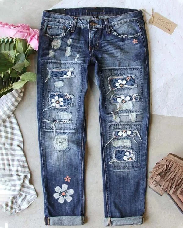 Women's Floral Slim Fit Low Rise Panelled Jeans
