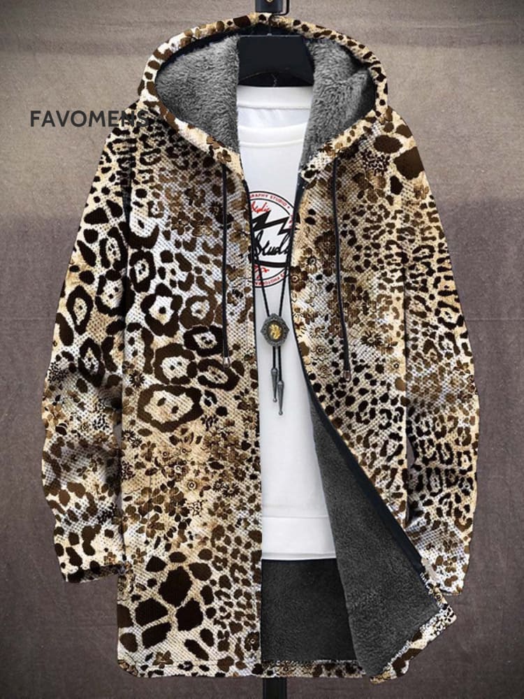 Men’s Vintage Print Hooded Two-Pocket Fleece Cardigan Jacket(A) / Photo Color M