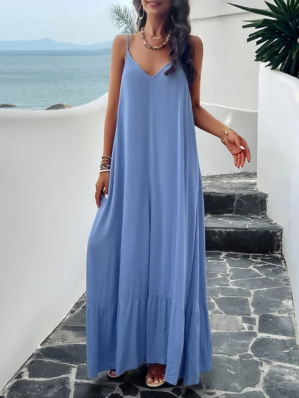 Solid Color Splicing Spaghetti Maxi Dress