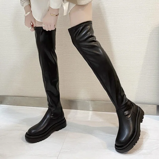 Women Ankle Boots Ladies Shoes Slip on Mid Calf Boots Platform Soft PU Leather Long Boot Footwear Woman Fashion Autumn Winter