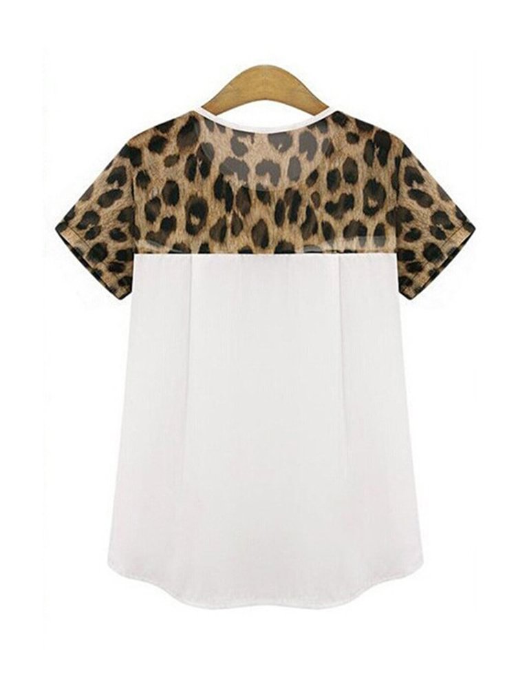Leopard Printed Patchwork Short Sleeve Chiffon T shirt P1358910
