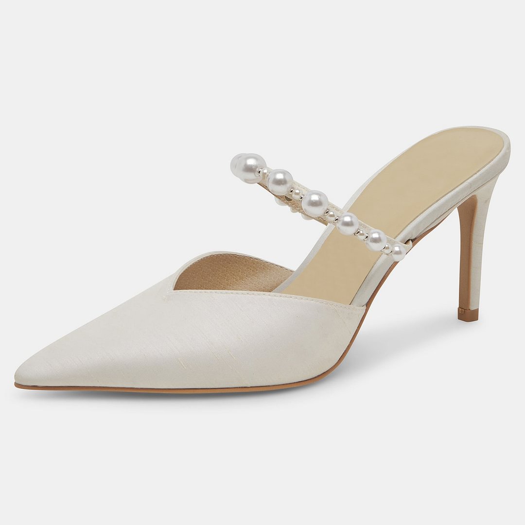 White Suede Closed Pointed Toe Mules With White Pearl Decorated Strappy Stiletto Heels Nicepairs