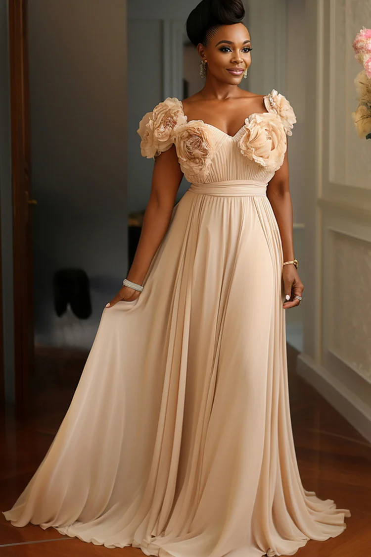 Xpluswear Design Plus Size Formal Champagne V Neck Pleated Elegant 3D Chiffon Maxi Dresses [Pre-Order] 2024 - Xpluswear