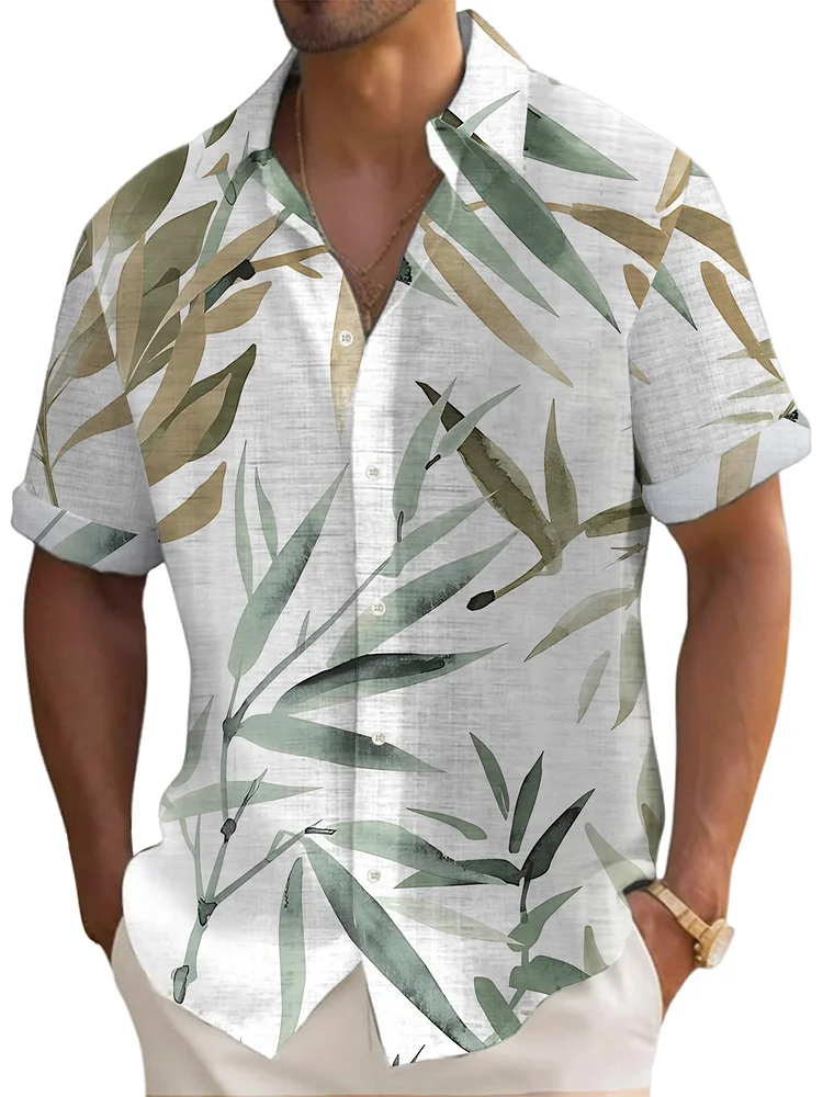 Men's Hawaiian Ink Bamboo Leaf Print Short Sleeve Shirt