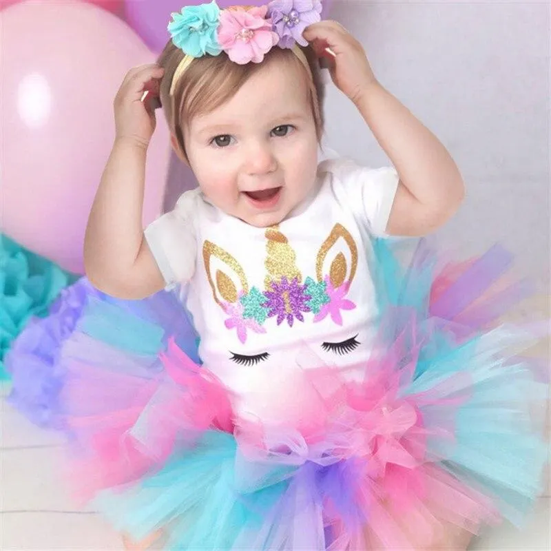 1st Birthday Outfits Baby Girl Clothes Fluffy Children Ballet Skirts with Headband Cotton Romper Infant Clothing Suits for Party
