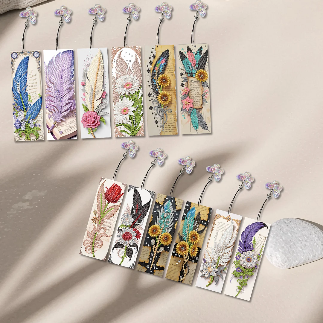 12Pcs Feathers Flowers DIY Diamond Art Painting Bookmark for Reading Enthusiasts