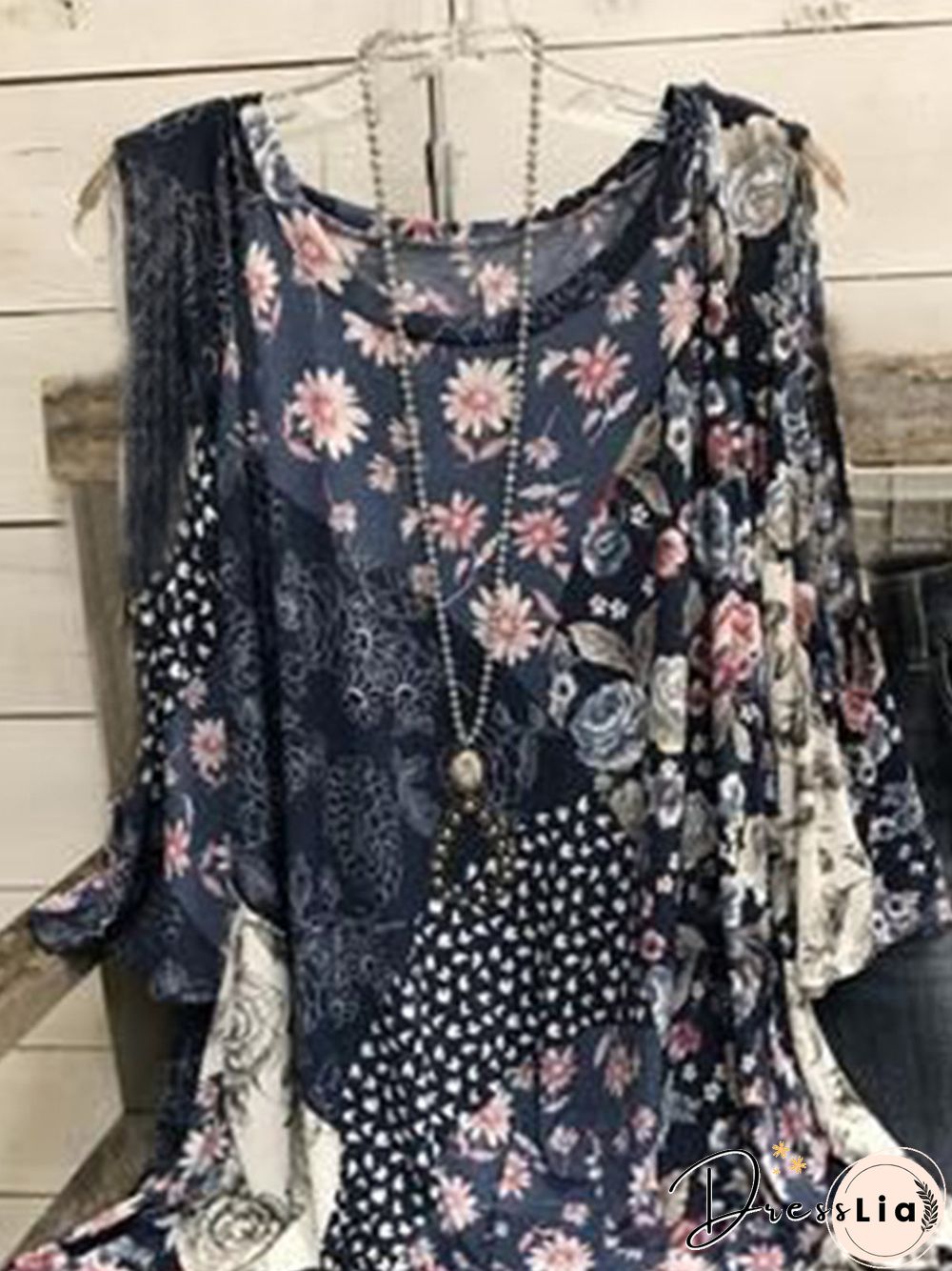Vintage Flower Color-block Plus Size Long Sleeve Crew Neck Casual Tops