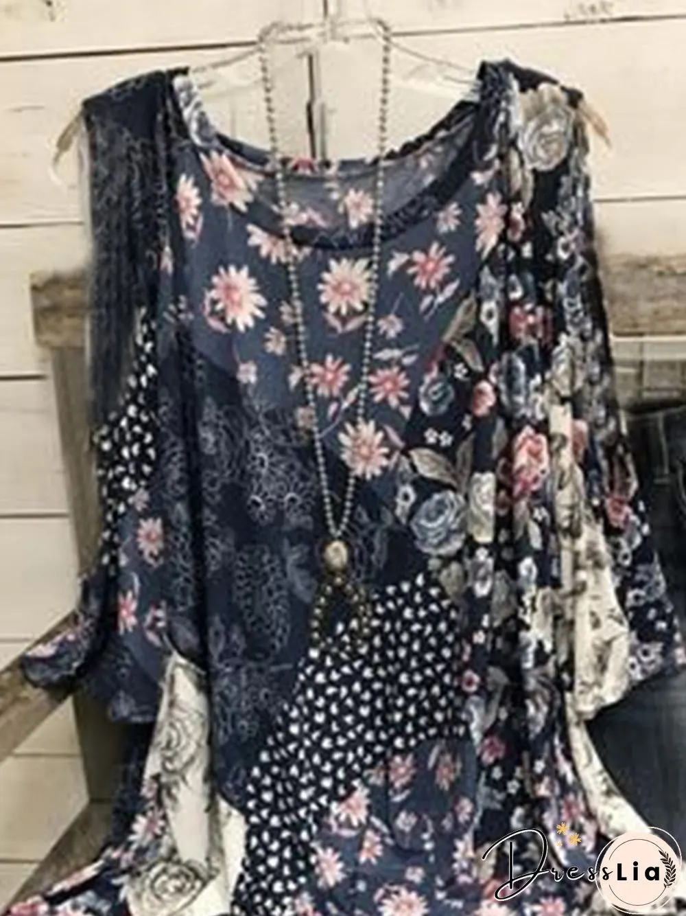 Vintage Flower Color-block Plus Size Long Sleeve Crew Neck Casual Tops