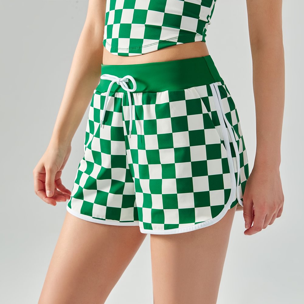 Hergymclothing Green White Plaid women's checkerboard print soft drawstring workout gym loose yoga shorts for sale