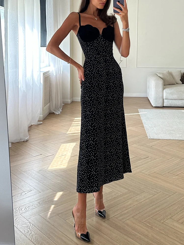 Velvet Patchwork Polka-dot Suspender Dress