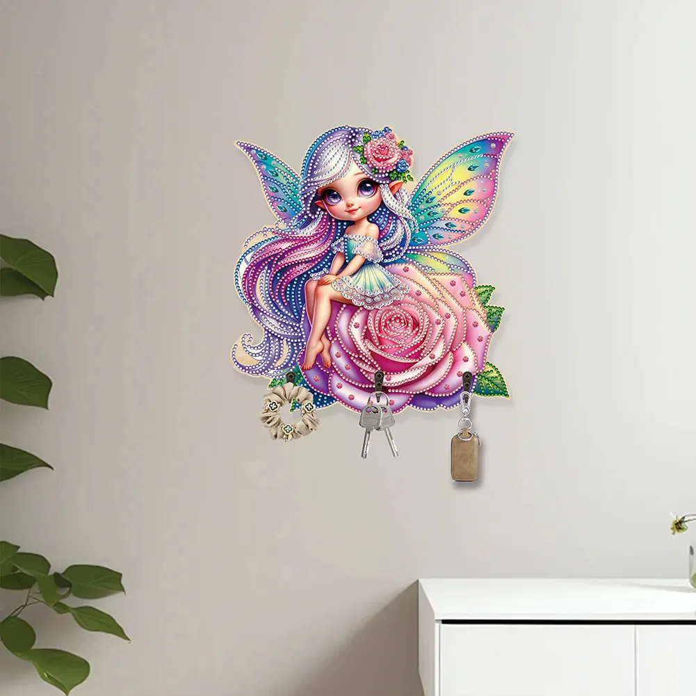 Wooden Elf Girl DIY Diamond Art Craft Wall Hooks A Row of 3 Hooks for Beginners