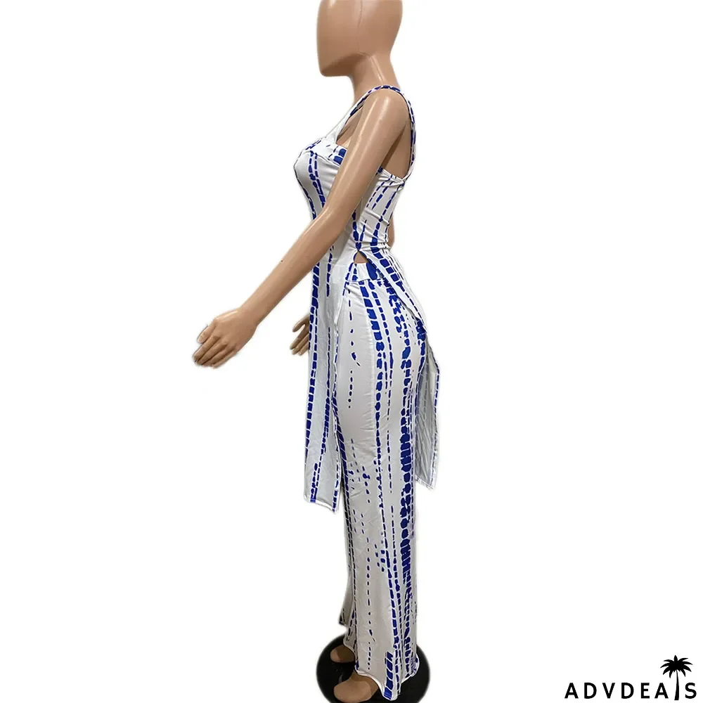 Casual Print Sling Split Top Pants Two Piece Set