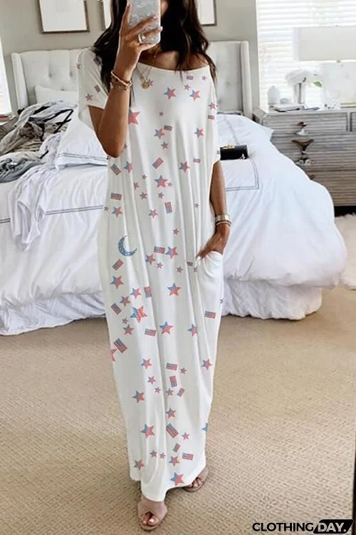 Flag Star Moon Pockets Maxi Dress