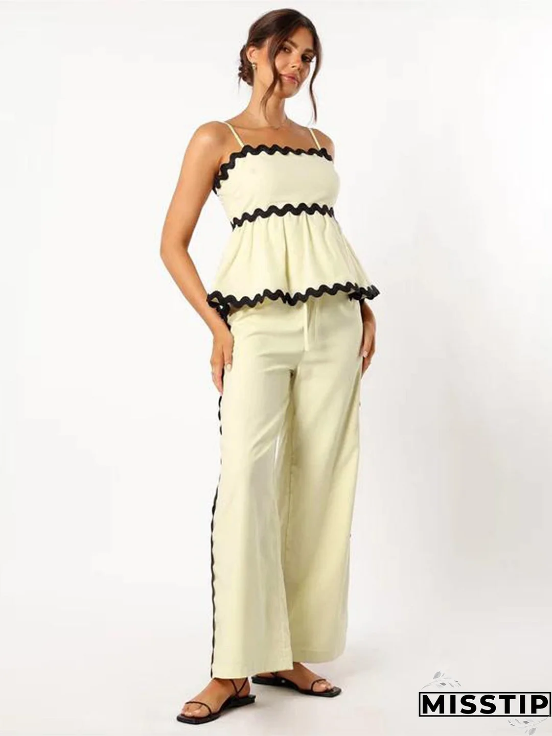 Women's Fashionable Lace Solid Color Strap Casual Women's Two Piece Pants Set