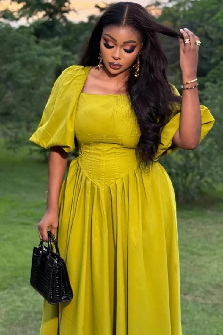 Balloon Sleeve Corset Design Shirred Hem Solid Color Midi Dresses-Green