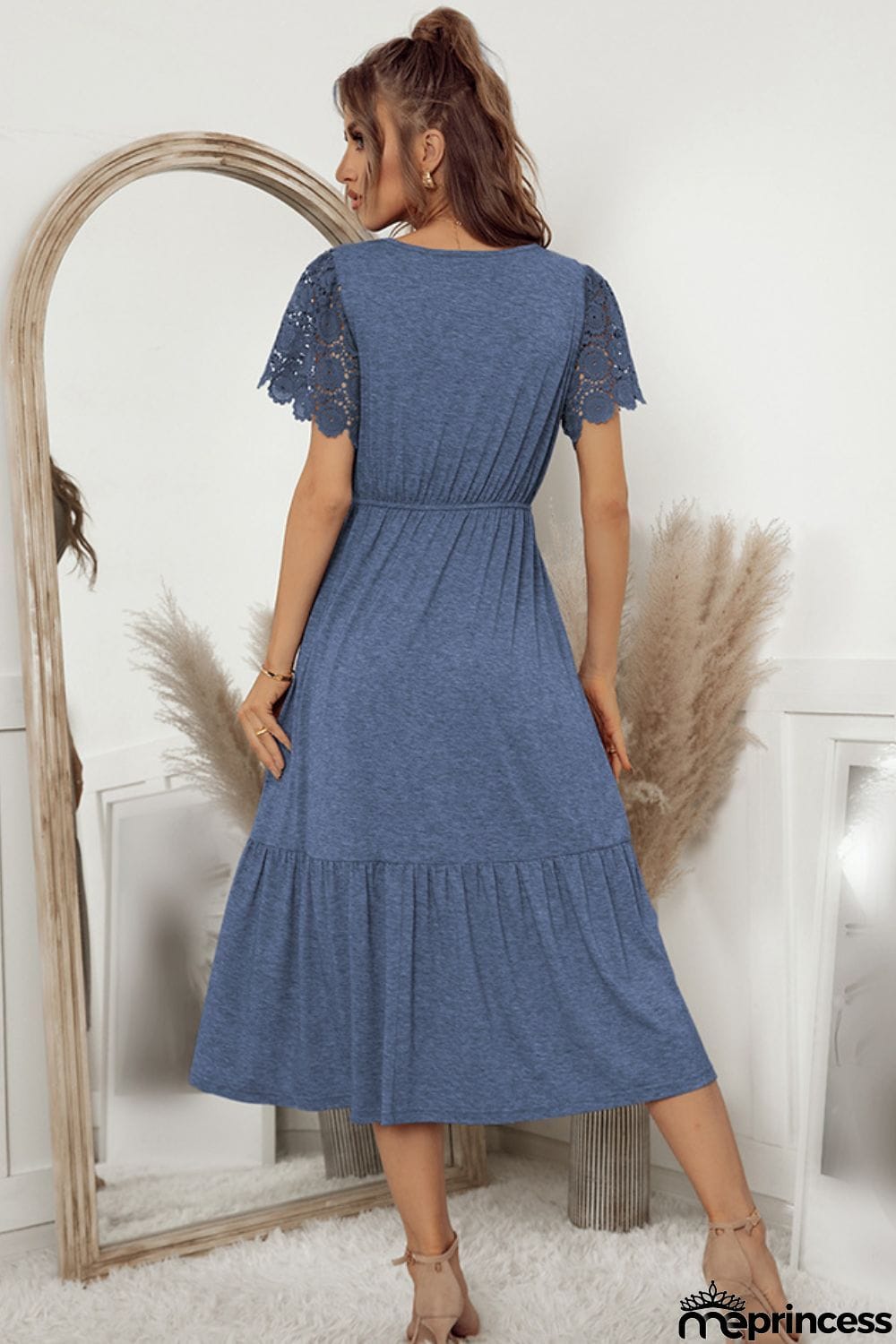 Decorative Button Round Neck Lace Sleeve Dress