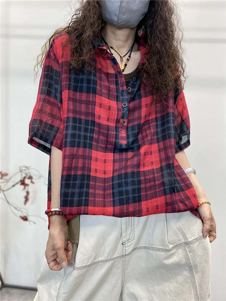 Women Summer Casual Plaid Button Loose Cotton Shirt