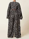 V-Neck Long Sleeve Leopard Print Loose Casual Suit