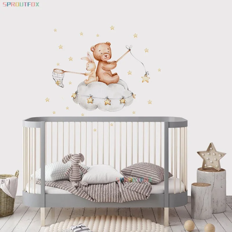 Bear And Rabbit Wall Stickers For Kids Rooms Animals Wall Stickers Child PVC Wall Decorative Vinyl For Children's Room