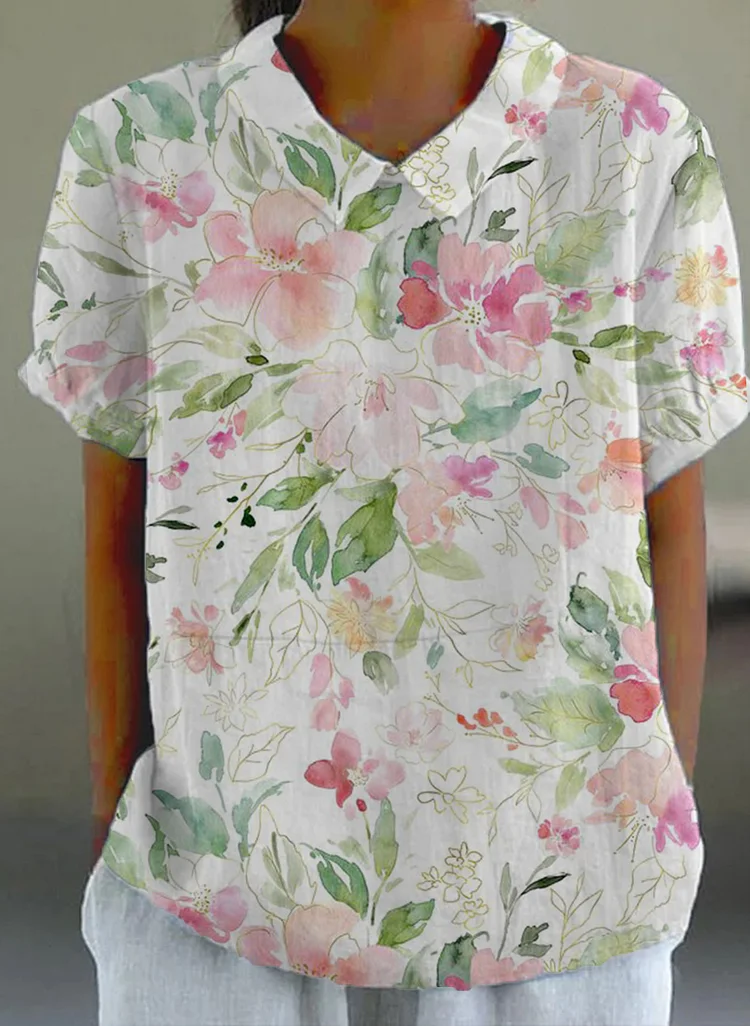 Floral Print Lapel Collar T-Shirt 