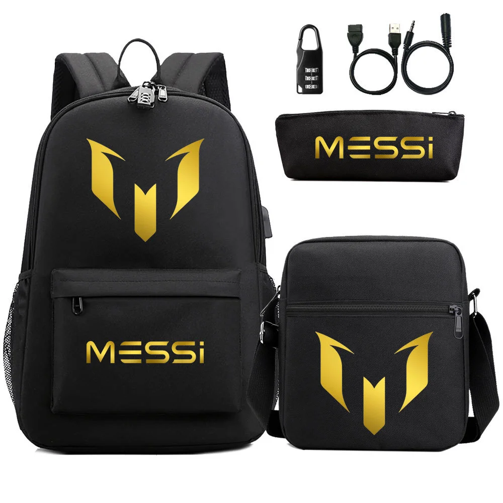 Buzzdaisy "Get the Lionel Messi-inspired Backpack Set with Pencil Case, Lunch Bag, and More!" with USB Charging Cable and Mesh Pockets, plus a Password Lock Feature - perfect for soccer-loving kids!