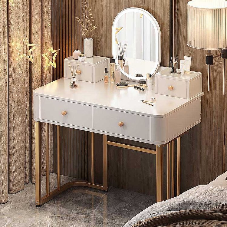 White Round Mirror Smart Light Drawer Minimalist Style Dressing Table