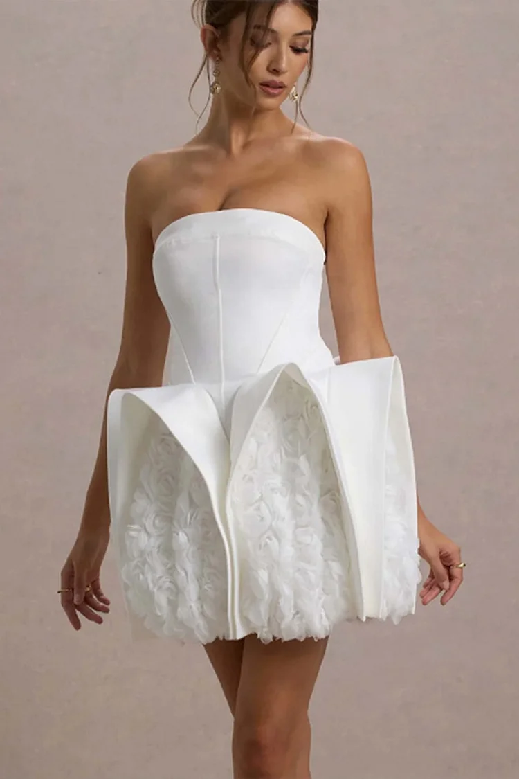 Strapless Corset 3D Floral Ruffled Mini Dress-White