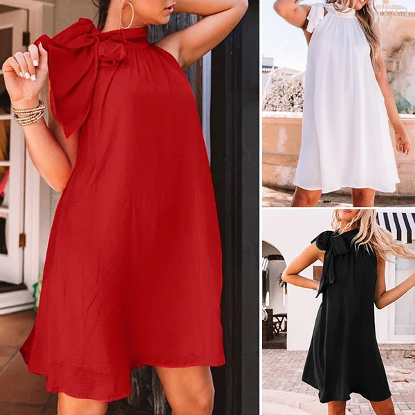 Plus Size Womens Sleeveless Long Dress Halter Vestidos Bowknot Cotton Linen Party Casual Loose Midi Dress S-5XL