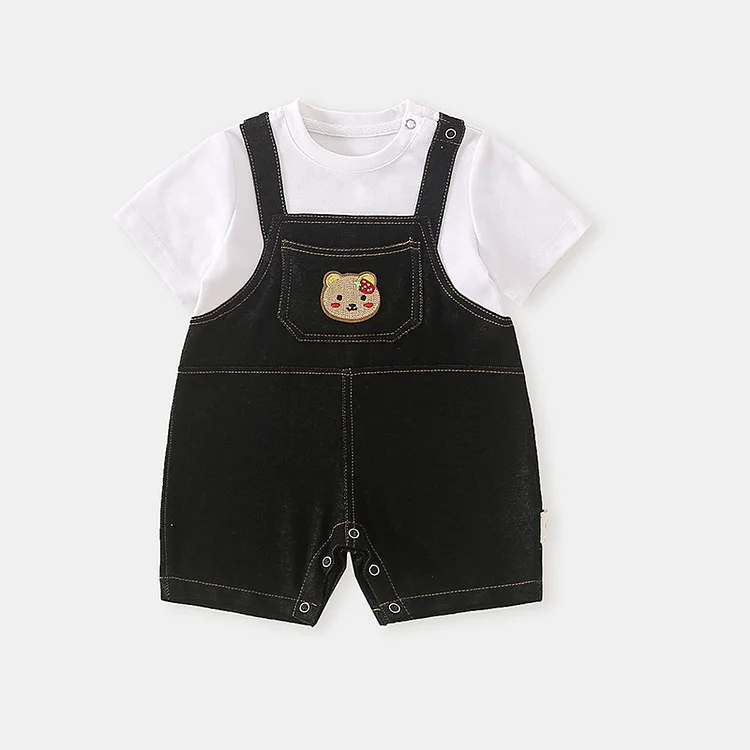 Baby Mock Two-Piece Strawberry Bear Denim Overalls Romper